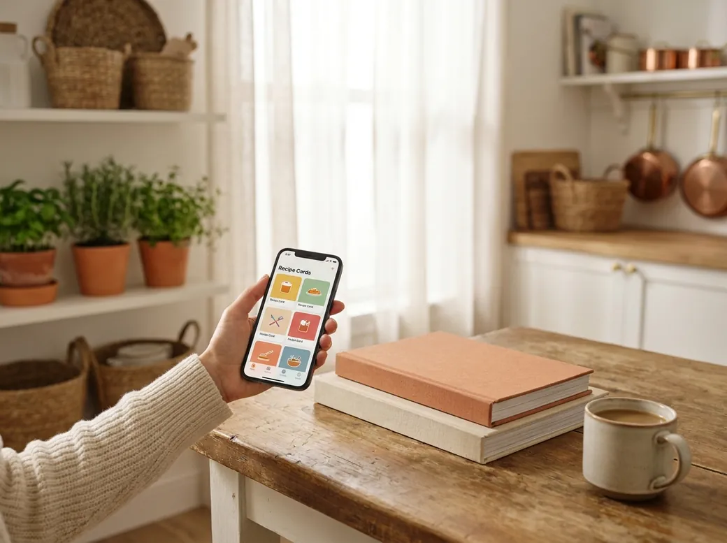 A hand holding a phone with CookNest showing a tidy grid of recipe collections