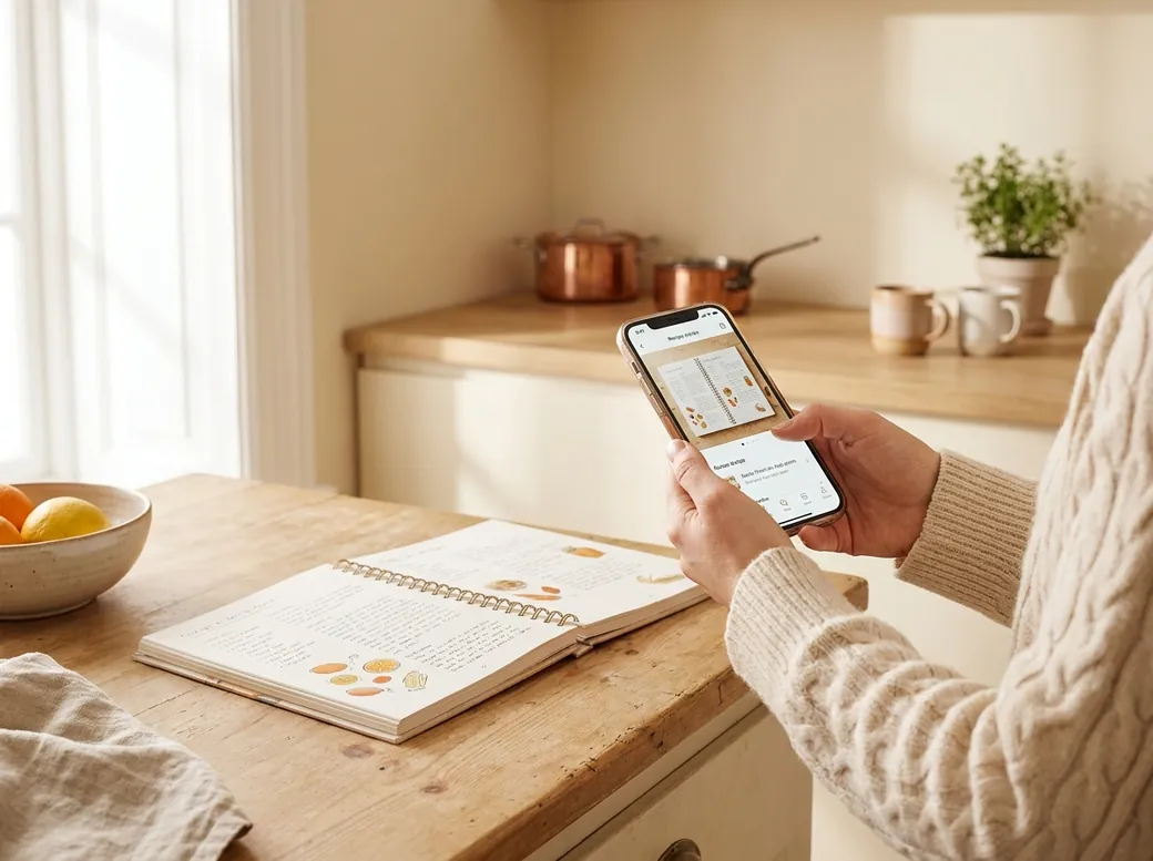 A hand holding a phone with CookNest over an open cookbook to digitize a recipe