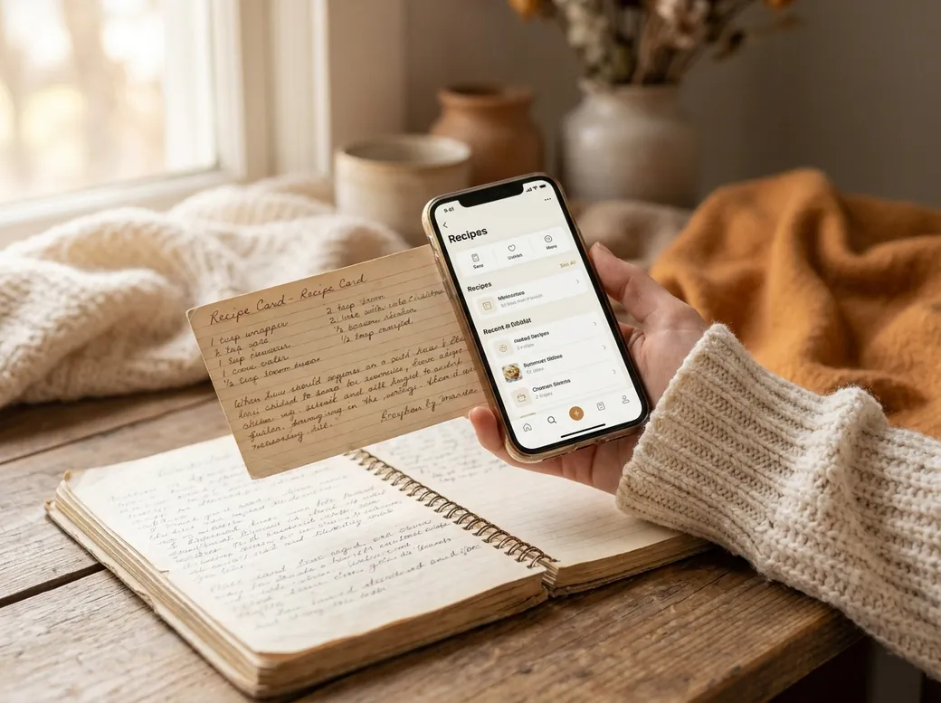 Close-up of a handwritten recipe card next to a phone showing the recipe already digitized in CookNest