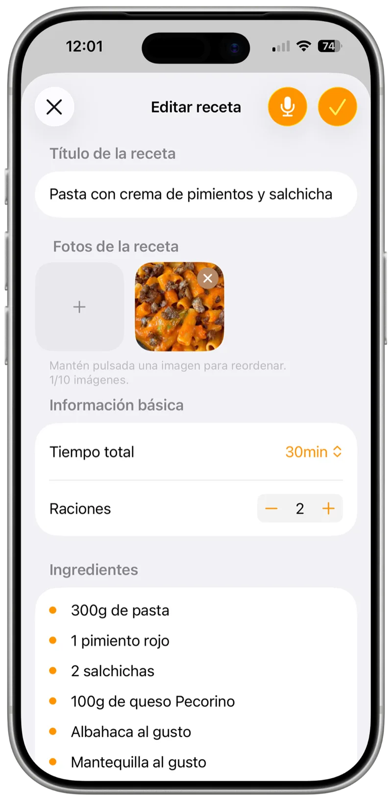 A digitized recipe in CookNest with title, photo, servings and ingredients detected by AI