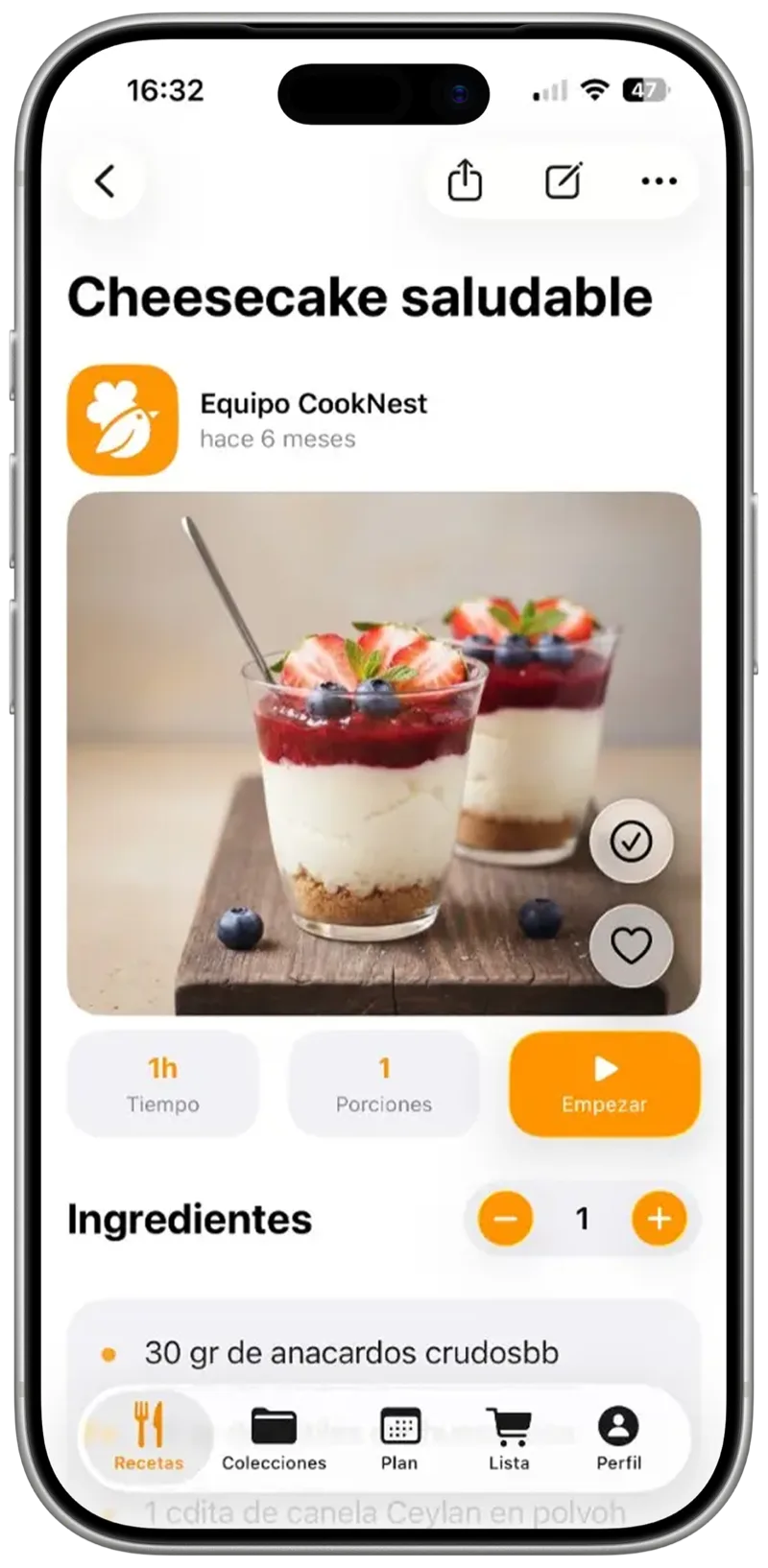 Receta importada en CookNest con imagen, tiempo, raciones e ingredientes ordenados