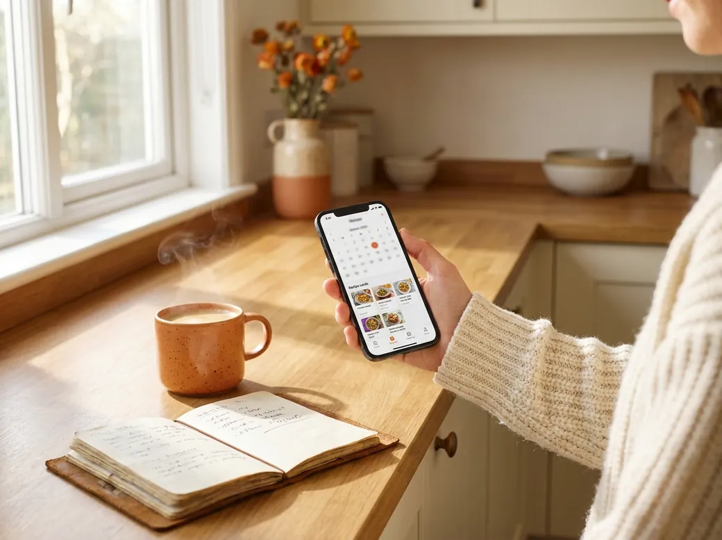A hand holding a phone with CookNest showing the week's menu planned out