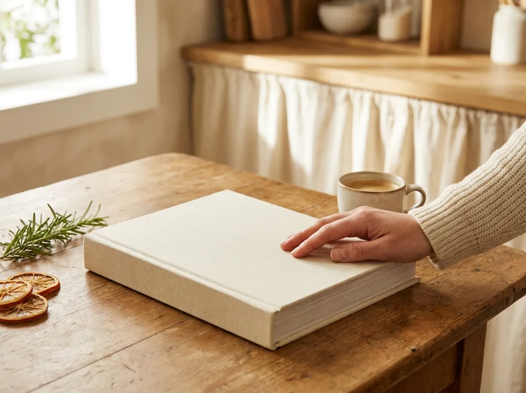 A printed CookNest cookbook on a wooden table, with a hand resting on the cover