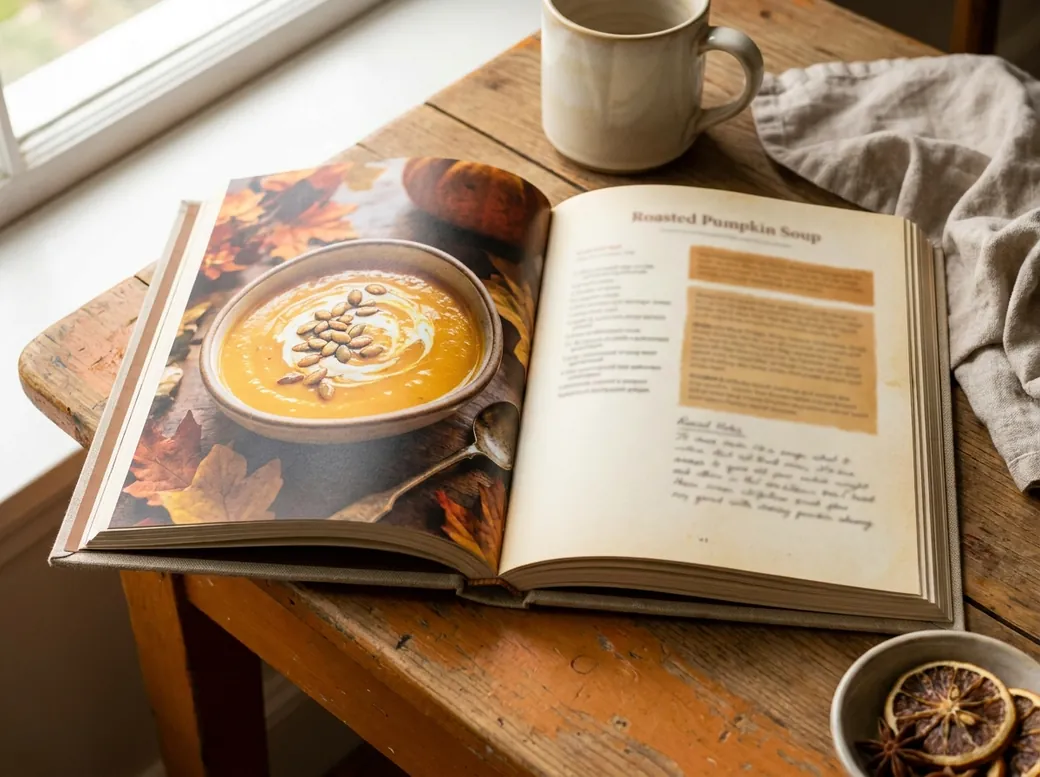 An open CookNest cookbook showing a dish photo and the printed recipe