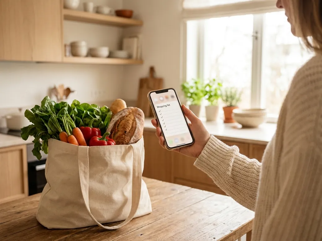 A hand holding a phone with CookNest's shopping list next to a grocery bag full of vegetables