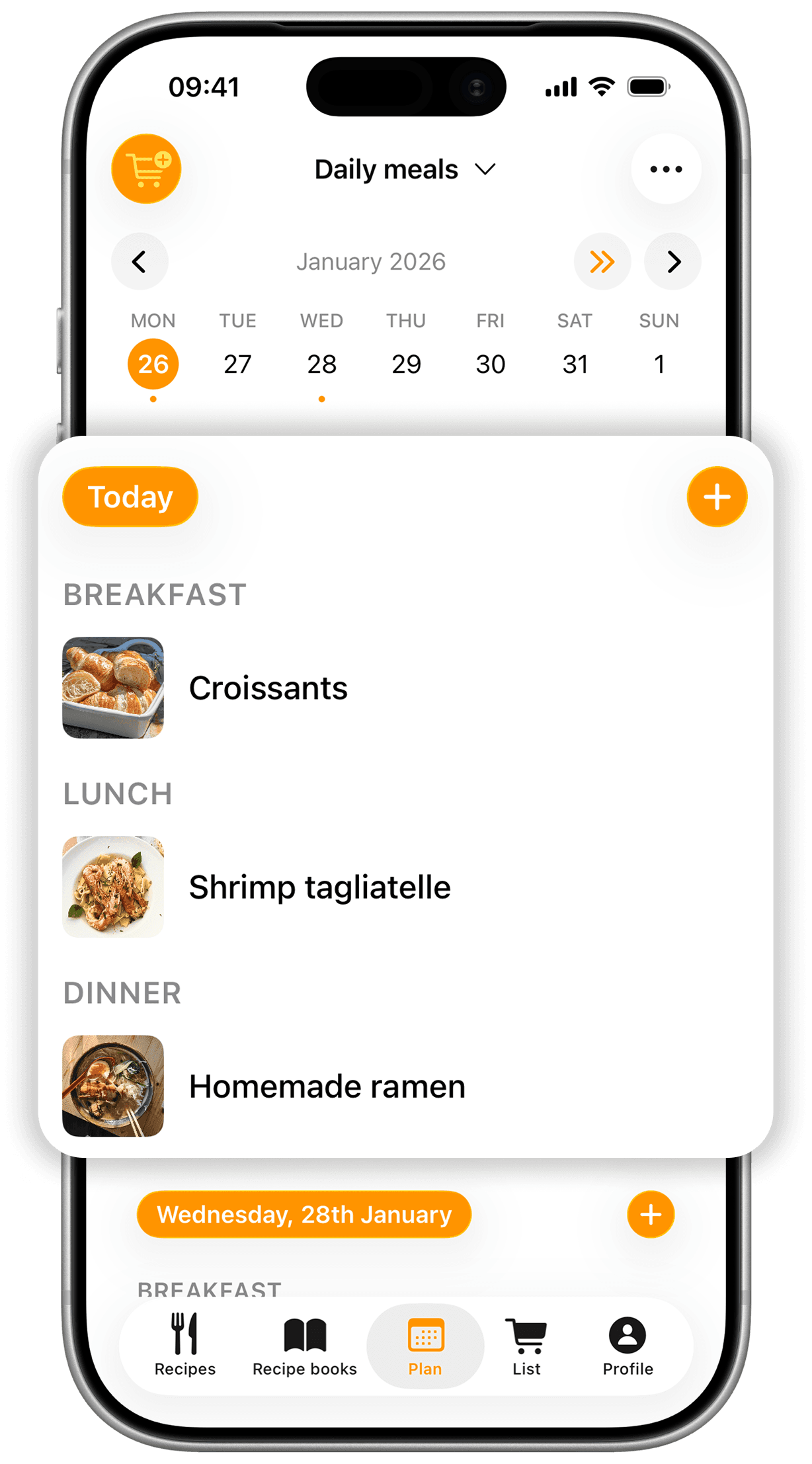 CookNest weekly meal planner screen with recipes scheduled across the week