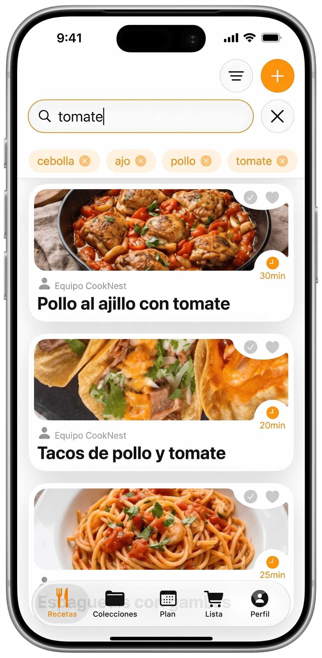 Pantalla de CookNest con recetas sugeridas según los ingredientes que ya tienes