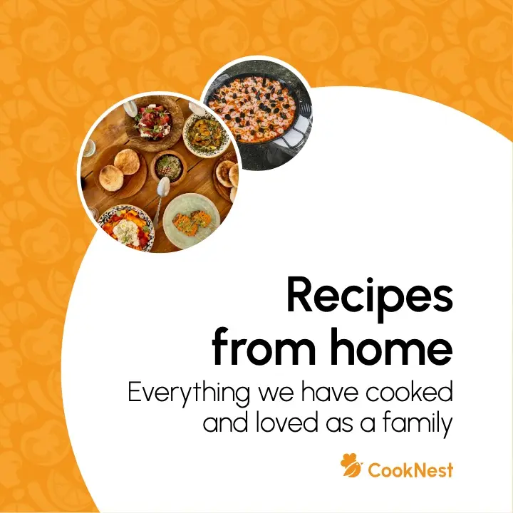 Recipe book with the CookNest design: the cover “Recipes from home” in orange and white with two round photos