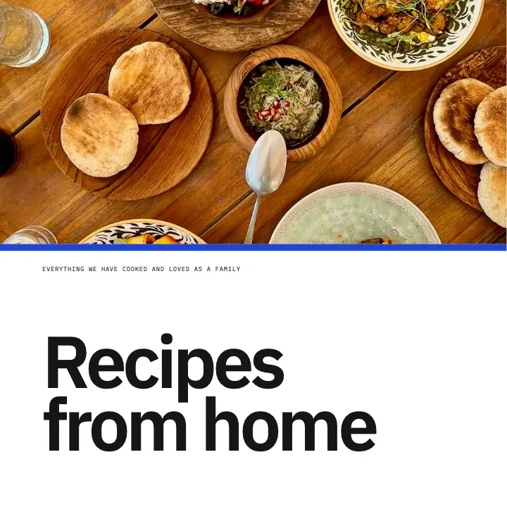 Recipe book with the Essencial design: the cover “Recipes from home” with a table photo above a large black title on white