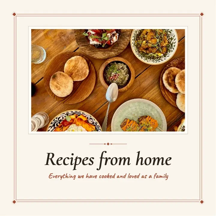 Recipe book with the Herència design: the cover “Recipes from home” with a framed photo of a shared table and an elegant serif title