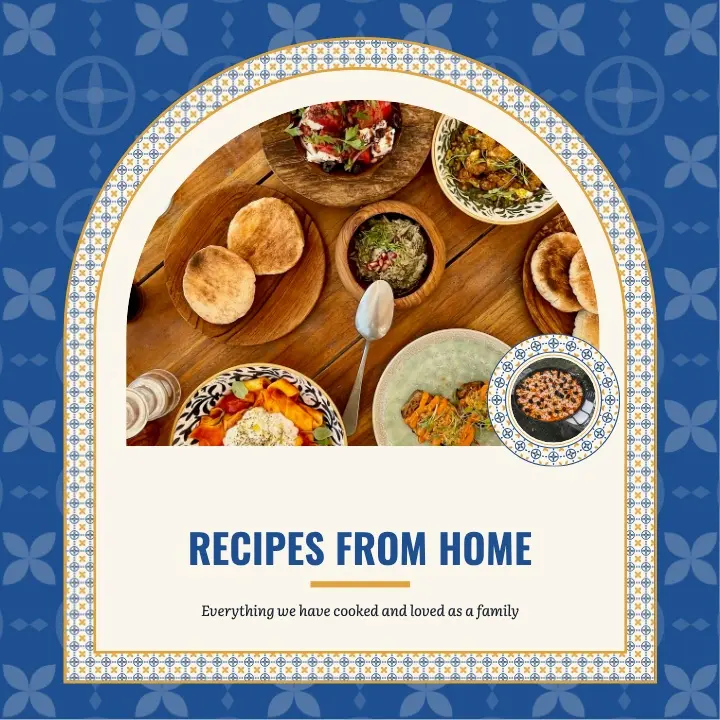 Recipe book with the Mercat design: the cover “Recipes from home” with blue Mediterranean tiles around an arched photo