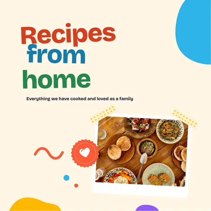 Recipe book with the Pati design: the cover “Recipes from home” with a colorful title, a taped-on photo and playful shapes