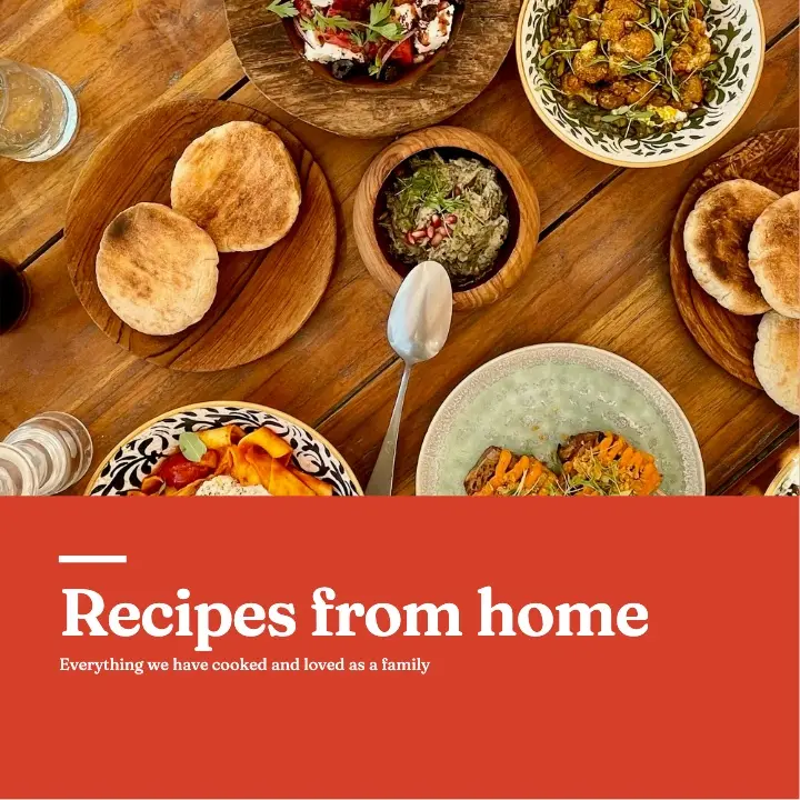 Recipe book with the Revista design: the cover “Recipes from home” with a full-width table photo over a red band