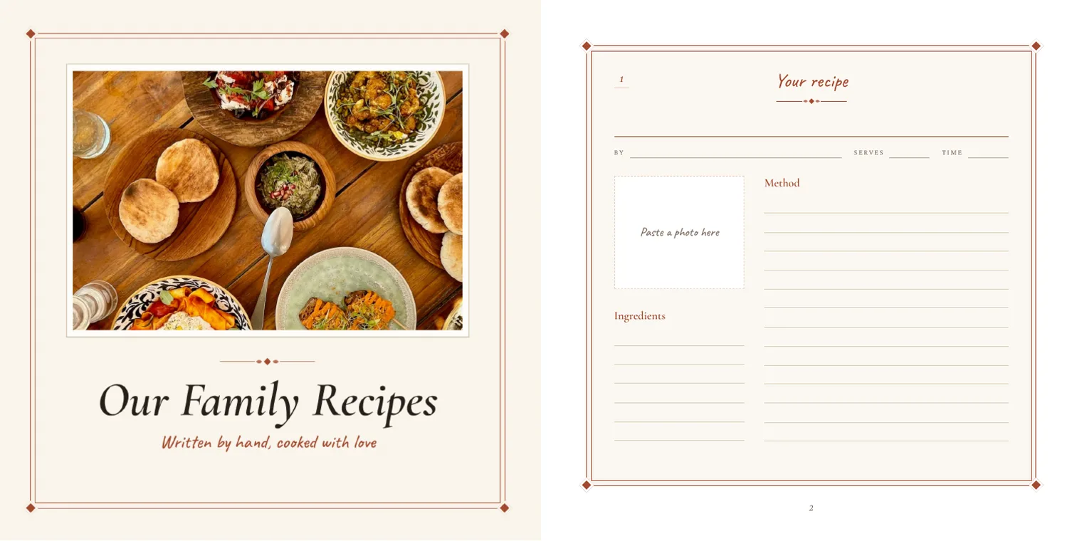 The free cookbook template in the Herència design: the cover “Our Family Recipes” and a blank recipe card with lines for the ingredients and the method and a frame for a photo