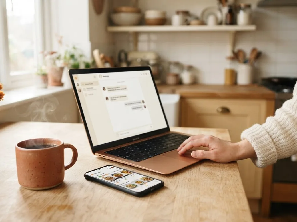 Un portátil con una conversación con un asistente de IA que planifica la semana con recetas de CookNest, junto al móvil con la app abierta