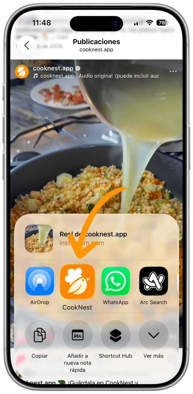 Compartir una recepta d'Instagram amb CookNest des del menú compartir de l'iPhone