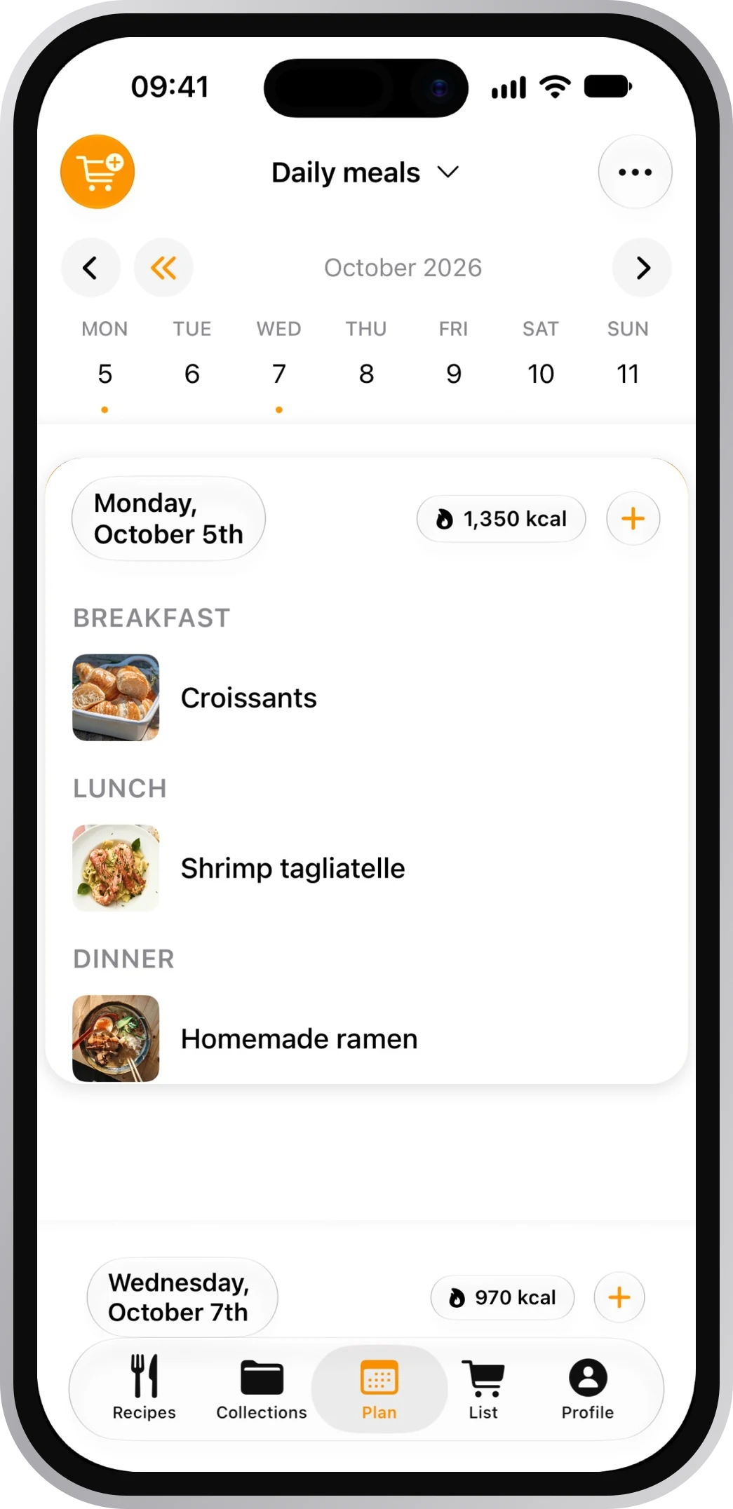 CookNest weekly meal planner screen with recipes scheduled across the week