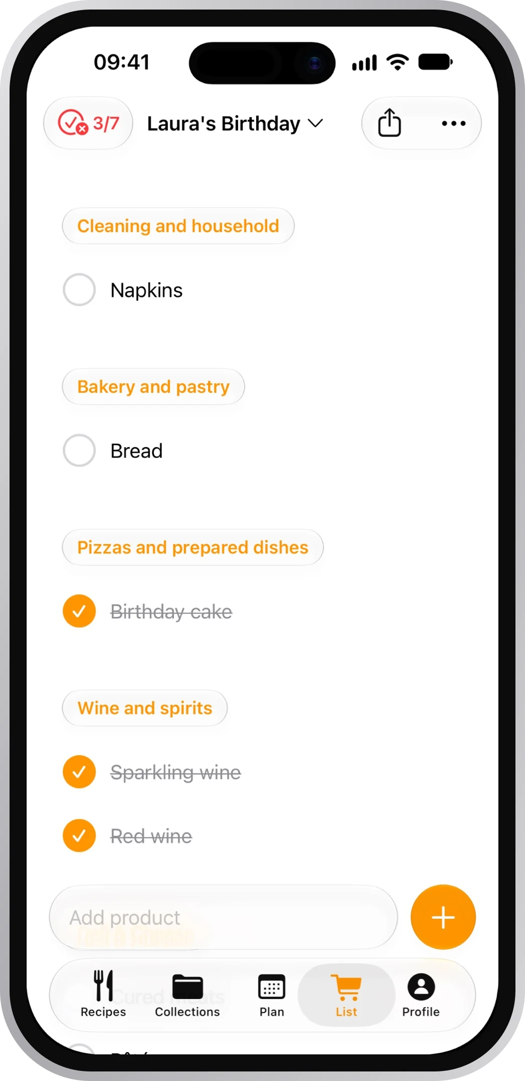CookNest shopping list screen with groceries grouped by supermarket section