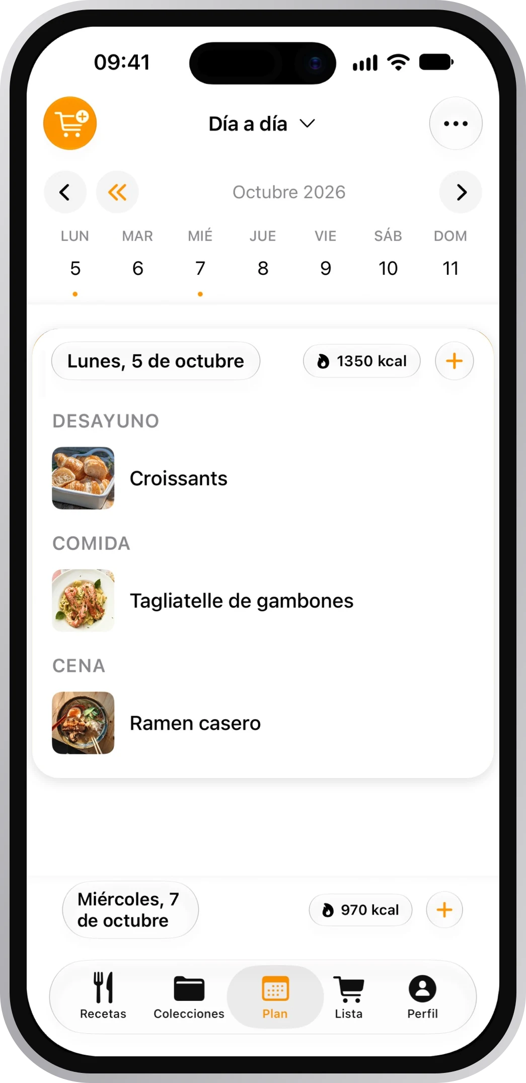 Pantalla del planificador de menú semanal de CookNest con recetas organizadas por día