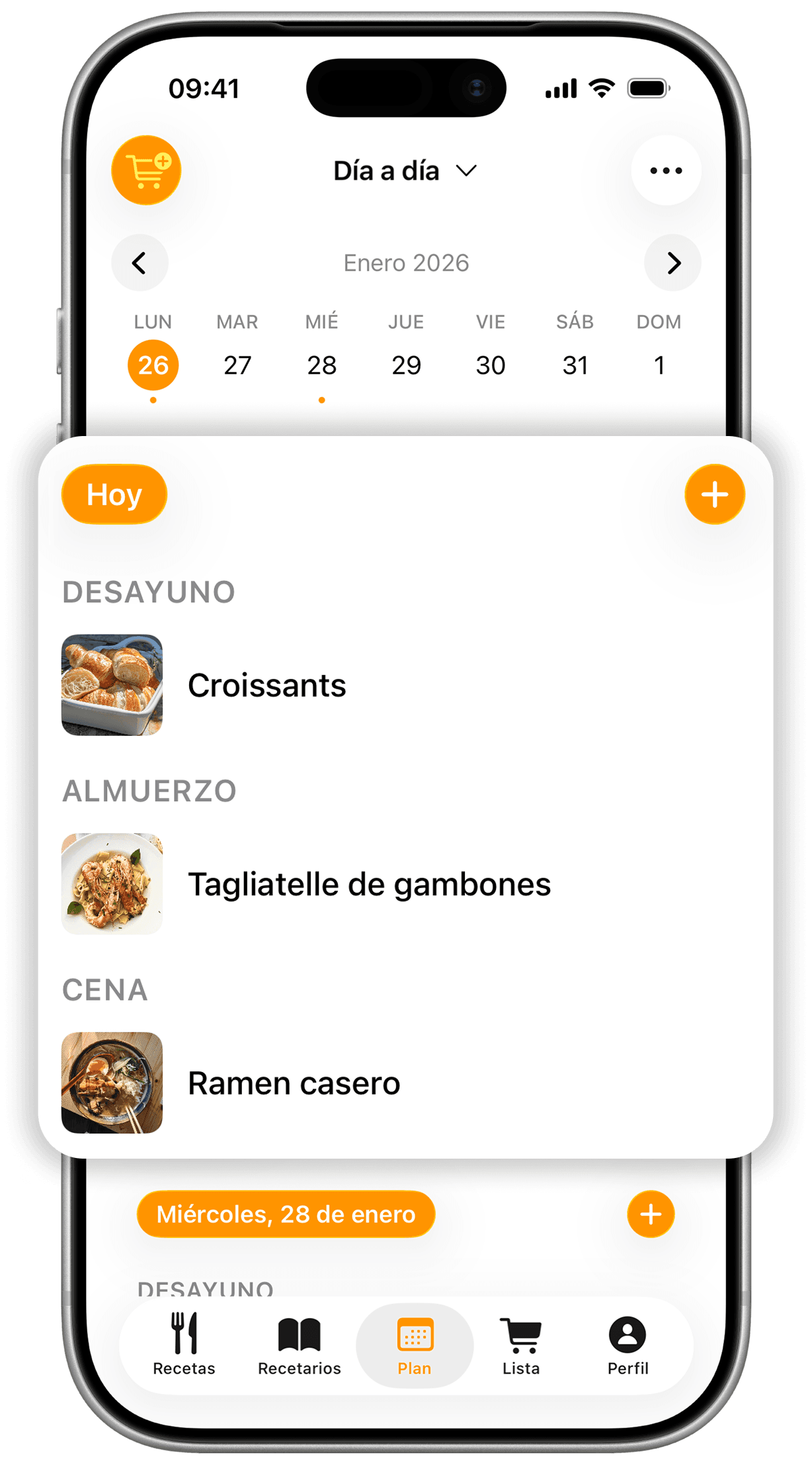 Plan del día en CookNest con desayuno, comida y cena asignados a sus recetas